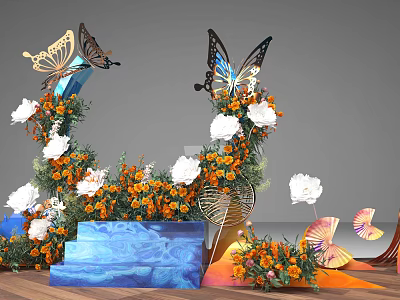 Butterfly Decorations With Orange White Flowers Blue Steps And Fan Ornaments 3d model