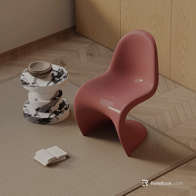Pink Modern Dining Chair With Black White Patterned Side Table Open Book On Wood Floor 3d model 