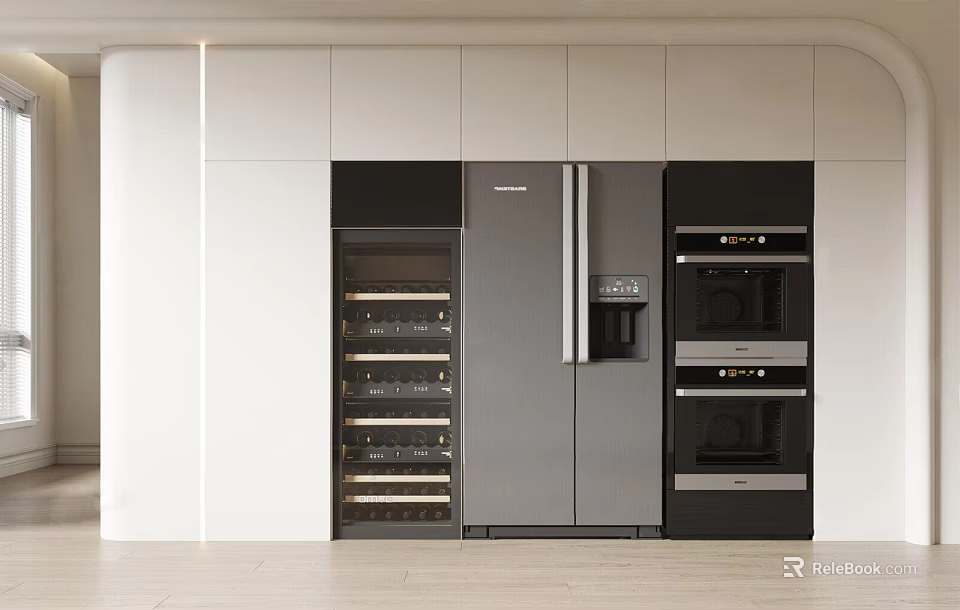 Modern Kitchen Appliances Featuring Built In Stainless Steel Refrigerator Wine Cooler And Ovens 3d model 