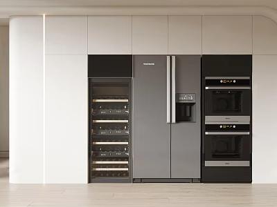 Modern Kitchen Appliances Featuring Built In Stainless Steel Refrigerator Wine Cooler And Ovens 3d model