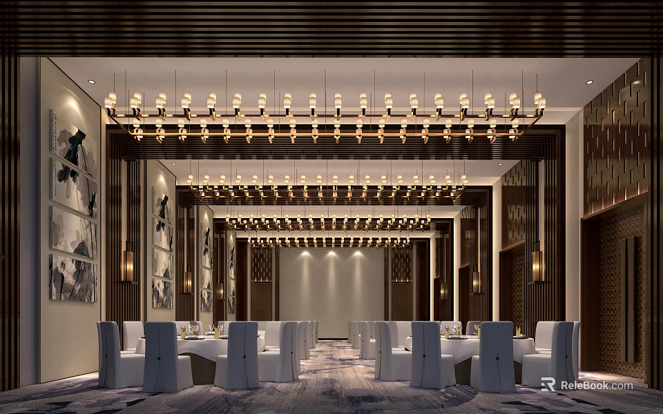 Elegant Modern Banquet Hall Interior With Chandeliers Dining Tables And Decorative Paintings 3d model 