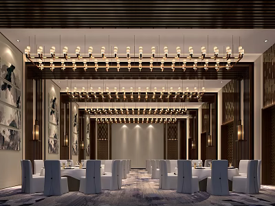 Elegant Modern Banquet Hall Interior With Chandeliers Dining Tables And Decorative Paintings 3d model