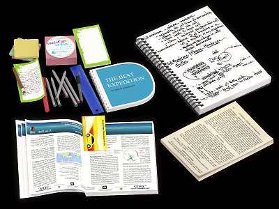 Notebook With Sticky Notes Pens And Open Books On Black Background 3d model