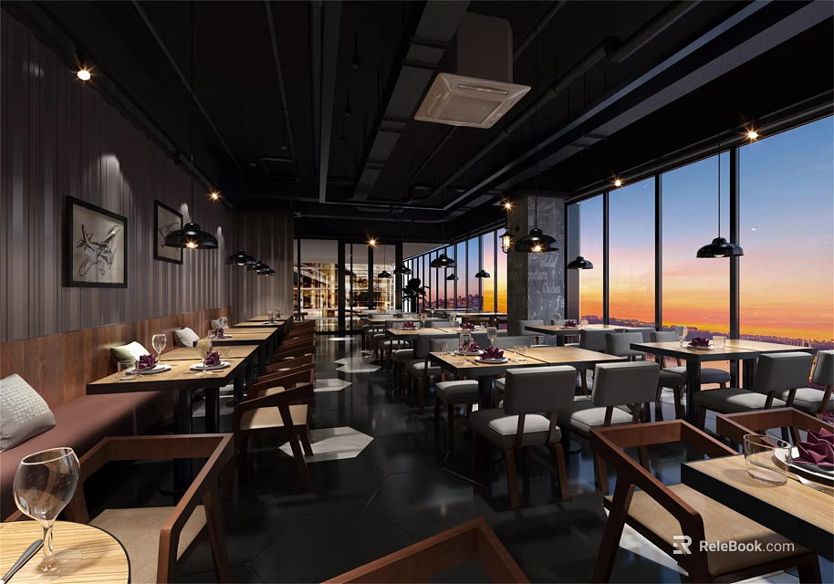 Modern Restaurant Interior With Wooden Walls Large Windows Sunset View Tables Chairs And Pendant Lights 3d model 