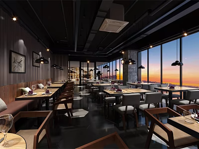 Modern Restaurant Interior With Wooden Walls Large Windows Sunset View Tables Chairs And Pendant Lights 3d model