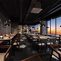 Modern Restaurant Interior With Wooden Walls Large Windows Sunset View Tables Chairs And Pendant Lights