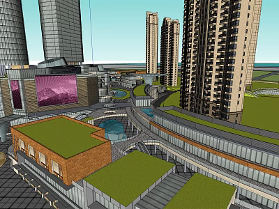 Modern Commercial Street With High Rise Buildings Green Roofs And Pedestrian Walkways 3d model