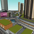Modern Commercial Street With High Rise Buildings Green Roofs And Pedestrian Walkways