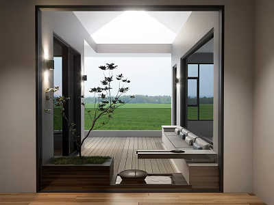 Tranquil Rooftop Garden with Wooden Deck Green Plants Seating Area and Open Countryside View 3d model