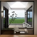 Tranquil Rooftop Garden with Wooden Deck Green Plants Seating Area and Open Countryside View