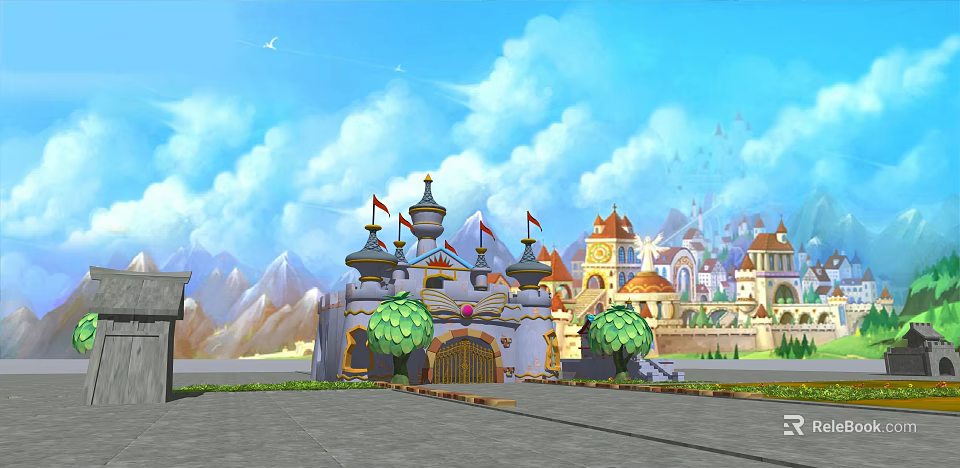 Ancient Castle Architecture Scenic View with Spires Flags Trees Mountain Backdrop Blue Sky White Clouds 3d model