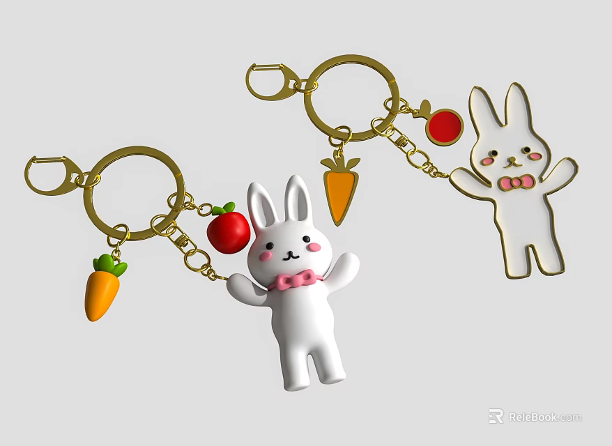 Cute Rabbit Keychain Pendant With Carrot Apple Decoration And Bow Tie Design 3d model 