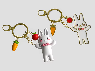Cute Rabbit Keychain Pendant With Carrot Apple Decoration And Bow Tie Design 3d model