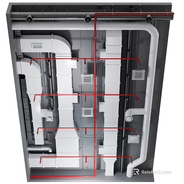 Modern Interior Ceiling Structure Design With White Pipes Frames And Embedded Components 3d model 