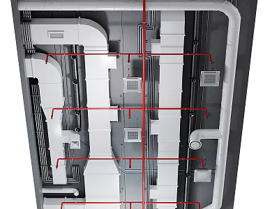 Modern Interior Ceiling Structure Design With White Pipes Frames And Embedded Components 3d model