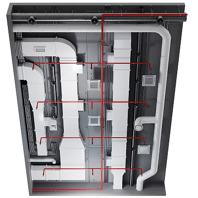 Modern Interior Ceiling Structure Design With White Pipes Frames And Embedded Components 3d model