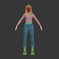 3D Female Character With Gray Turtleneck Blue Geometric Jeans And Silver Mechanical Legs