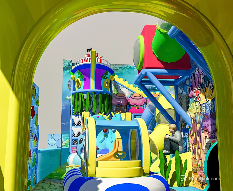 Colorful Playground Equipment With Kids Slide Interactive Tunnel And Underwater Theme Design 3d model 