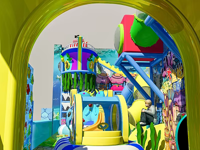 Colorful Playground Equipment With Kids Slide Interactive Tunnel And Underwater Theme Design 3d model