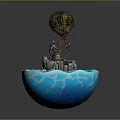Floating Island Scene With Blue Sphere Castle And Hot Air Balloon