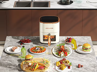 Modern Dining Table Set With Air Fryer Various Food Dishes And Marble Countertop 3d model