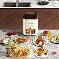 Modern Dining Table Set With Air Fryer Various Food Dishes And Marble Countertop