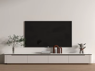 White TV Stand with Decorative Plants Books Ornaments under Black TV in Modern Living Room 3d model