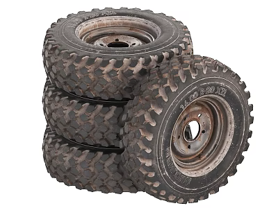 Off Road Tires With Deep Tread Stacked On Metal Rims For Heavy Duty Use 3d model