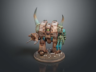 Detailed Mechanical Game and Movie Character With Horns Green Eyes Cannons And Base 3d model