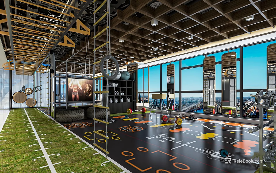 Spacious Functional Fitness Gym With Climbing Frame Gym Rings Green Turf And City View Windows 3d model 