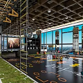 Spacious Functional Fitness Gym With Climbing Frame Gym Rings Green Turf And City View Windows