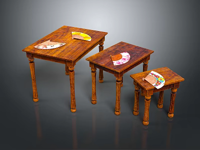 Wooden Side Tables in Three Different Sizes with Colorful Plates on Each 3d model