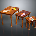 Wooden Side Tables in Three Different Sizes with Colorful Plates on Each