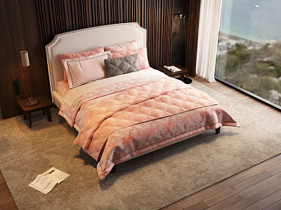 Cozy Double Bed With Pink Quilt Upholstered Headboard Wooden Panel Wall And Sea View Window 3d model
