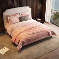Cozy Double Bed With Pink Quilt Upholstered Headboard Wooden Panel Wall And Sea View Window