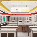 Modern Retail Store Interior With Display Counters Seating Brand Logos And Lighting Elements