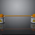 Two White Cylinders With Orange Spheres And Orange Connecting Rod Featuring Warning Signs