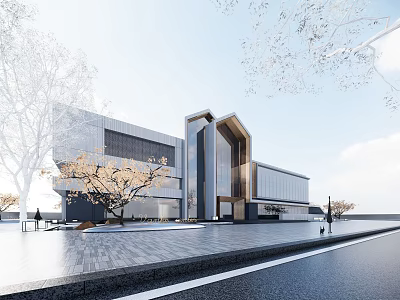 Contemporary Sales Center Building With Glass Facade And Geometric Design Surrounded By Trees 3d model