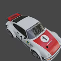 Vintage Porsche Race Car with White Body Red Hood Number 1 and Sponsor Logos