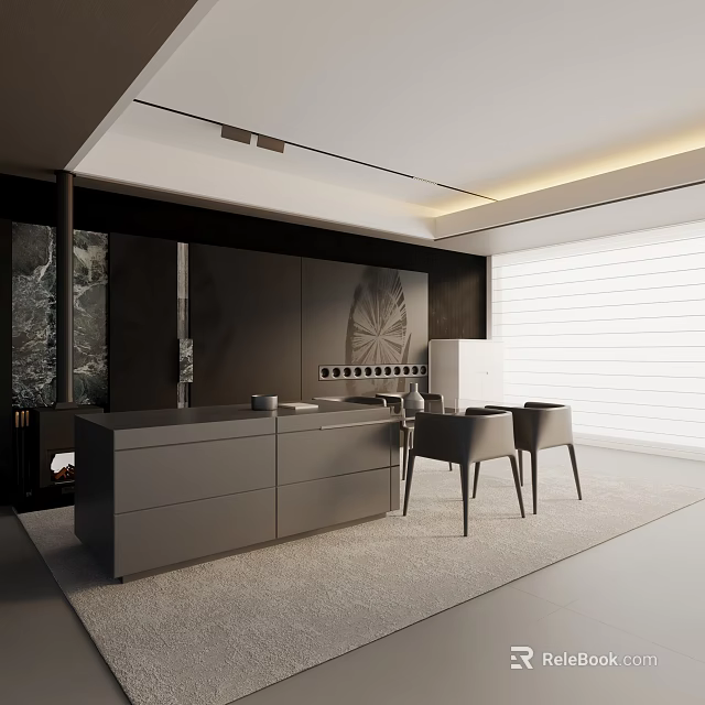 Modern Dining Table Set With Matching Chairs And Dark Cabinet In Open Space 3d model