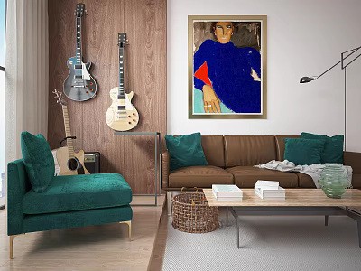 Brown Sofa With Coffee Table Set Teal Armchair Green Cushions Guitars On Wooden Wall 3d model