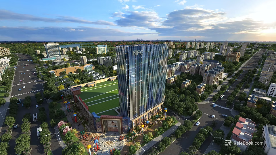 Aerial Planning of Modern Urban Area With High Rise Building Sports Field And Green Spaces 3d model 
