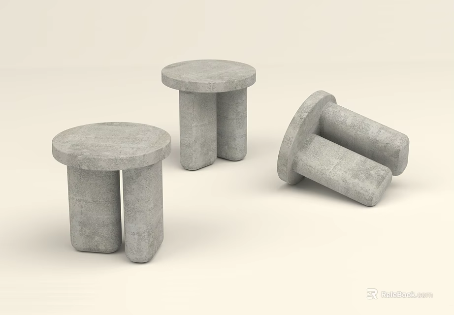Three Round Concrete Stools With Column Legs Two Upright One Overturned 3d model 