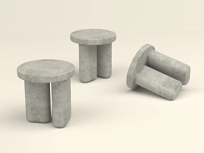 Three Round Concrete Stools With Column Legs Two Upright One Overturned 3d model