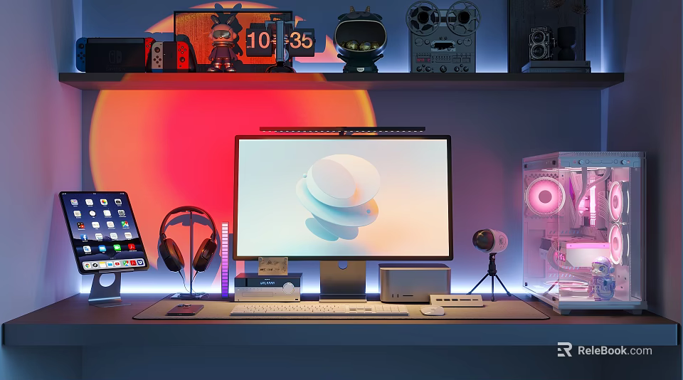 Modern Computer Setup With Monitor Keyboard iPad Headphones Transparent PC Case And Ambient Lighting 3d model 