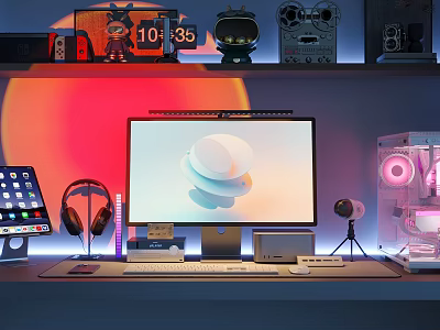 Modern Computer Setup With Monitor Keyboard iPad Headphones Transparent PC Case And Ambient Lighting 3d model