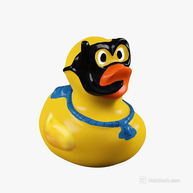 Yellow Rubber Duck Toy With Black Mask And Blue Scarf Accessory 3d model 