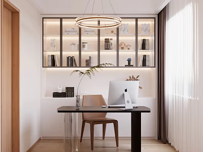 Modern Study Room Interior With Built in Bookshelves Wooden Desk And Computer 3d model