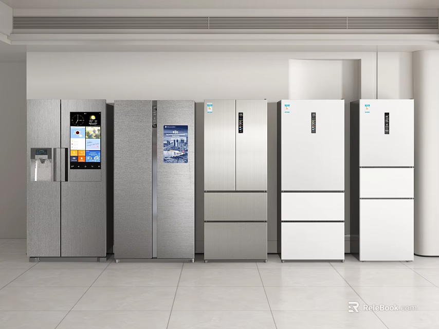 Modern Stainless Steel And White Refrigerators With Various Styles Different Door Designs For Home Kitchen 3d model 