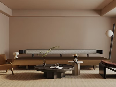 Modern Living Room Interior With Warm Tones Beige Sofa Armchair Round Coffee Table And Plants 3d model